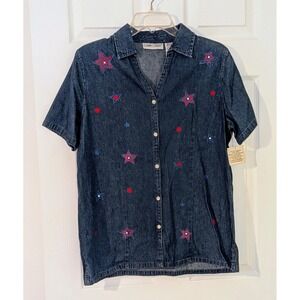 Cabin Creek Denim‎ Button Down Top Medium Star Embroidered Patriotic NWT